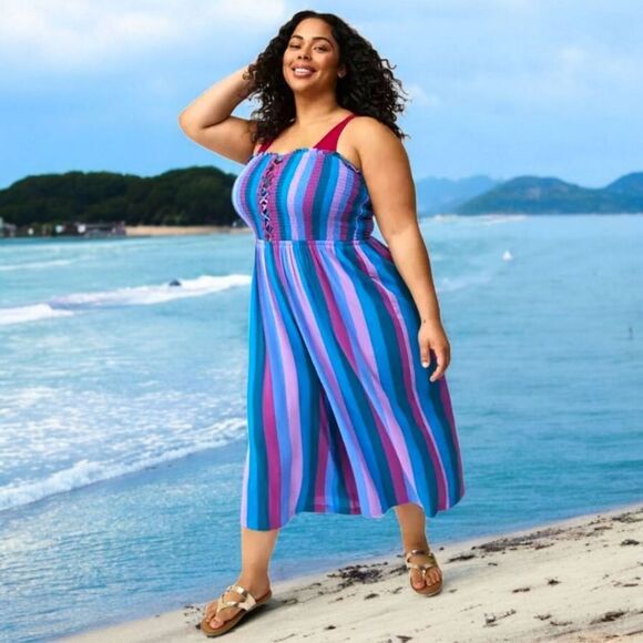 TORRID Plus Size lace-up cool stripe multi-color smocked culotte Jumpsuit - Picture 2 of 16